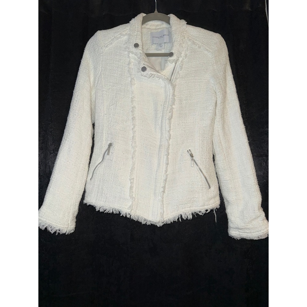 Carolina Belle Montreal White Tweed Moto Jacket Fringe Trim Asymmetric Zip XS